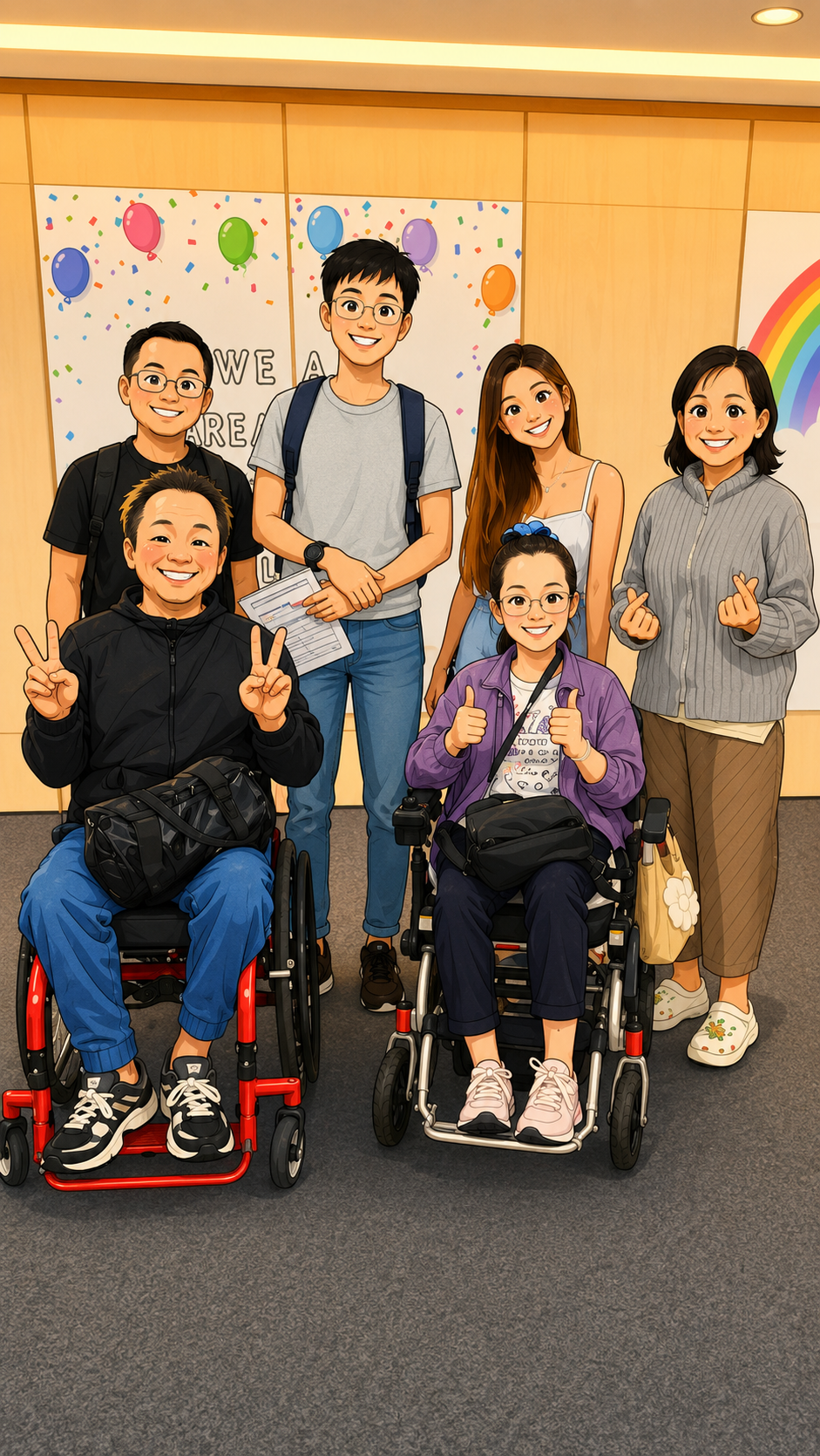 Illustration of a welcoming, diverse group including wheelchair users